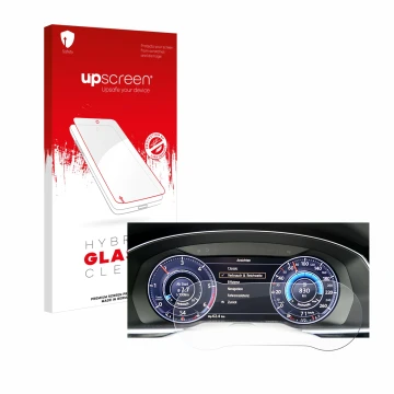 Parte frontal de un envase de producto con el logotipo de la marca upscreen. Al lado se muestra el dispositivo Volkswagen Tigu
