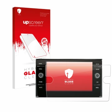 Parte frontal de un envase de producto con el logotipo de la marca upscreen. Al lado se muestra el dispositivo Volkswagen Comp