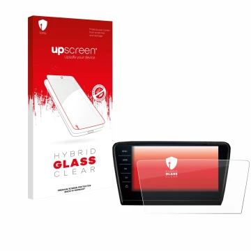 Parte frontal de un envase de producto con el logotipo de la marca upscreen. Al lado se muestra el dispositivo Skoda Octavia 2