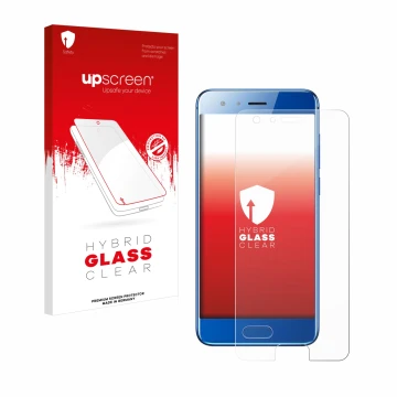 Parte frontal de un envase de producto con el logotipo de la marca upscreen. Al lado se muestra el dispositivo Honor 9 con su 