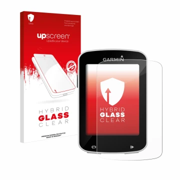 Parte frontal de un envase de producto con el logotipo de la marca upscreen. Al lado se muestra el dispositivo Garmin Edge Exp
