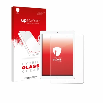 Parte frontal de un envase de producto con el logotipo de la marca upscreen. Al lado se muestra el dispositivo Apple iPad Pro 