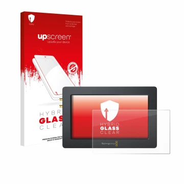 Parte frontal de un envase de producto con el logotipo de la marca upscreen. Al lado se muestra el dispositivo Blackmagic Desi