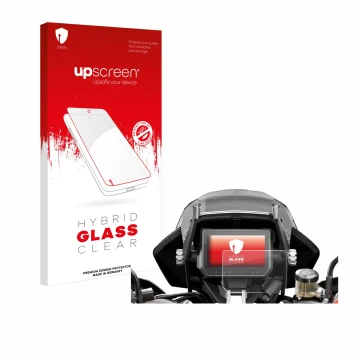 Parte frontal de un envase de producto con el logotipo de la marca upscreen. Al lado se muestra el dispositivo KTM 1290 Super 