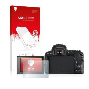 Parte frontal de un envase de producto con el logotipo de la marca upscreen. Al lado se muestra el dispositivo Canon EOS 200D 