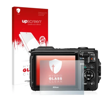 Parte frontal de un envase de producto con el logotipo de la marca upscreen. Al lado se muestra el dispositivo Canon EOS 6D Ma