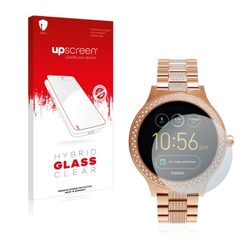 Parte frontal de un envase de producto con el logotipo de la marca upscreen. Al lado se muestra el dispositivo Fossil Q Ventur