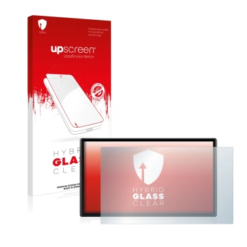 Parte frontal de un envase de producto con el logotipo de la marca upscreen. Al lado se muestra el dispositivo Garmin DriveSma