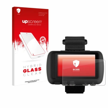 Parte frontal de un envase de producto con el logotipo de la marca upscreen. Al lado se muestra el dispositivo Garmin Foretrex