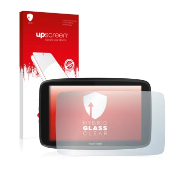 Parte frontal de un envase de producto con el logotipo de la marca upscreen. Al lado se muestra el dispositivo TomTom GO 6250 