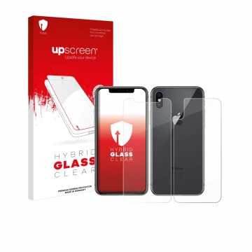 Parte frontal de un envase de producto con el logotipo de la marca upscreen. Al lado se muestra el dispositivo Apple iPhone X 