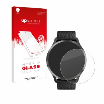 Parte frontal de un envase de producto con el logotipo de la marca upscreen. Al lado se muestra el dispositivo Garmin vivomove