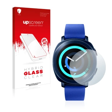 Parte frontal de un envase de producto con el logotipo de la marca upscreen. Al lado se muestra el dispositivo Samsung Gear Sp