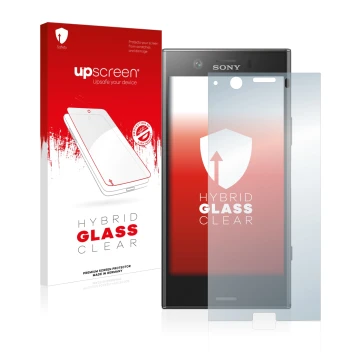 Parte frontal de un envase de producto con el logotipo de la marca upscreen. Al lado se muestra el dispositivo Sony Xperia XZ1