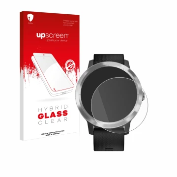 Parte frontal de un envase de producto con el logotipo de la marca upscreen. Al lado se muestra el dispositivo Garmin vivoacti