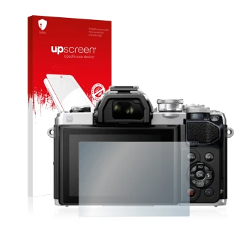 Parte frontal de un envase de producto con el logotipo de la marca upscreen. Al lado se muestra el dispositivo Olympus OM-D E-