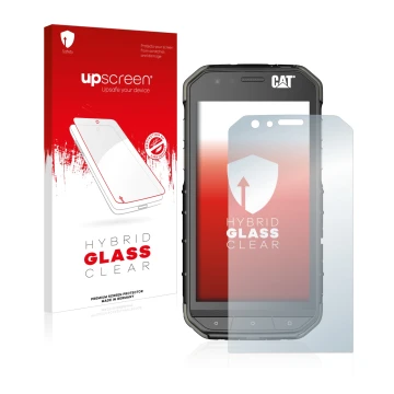 Parte frontal de un envase de producto con el logotipo de la marca upscreen. Al lado se muestra el dispositivo Caterpillar Cat