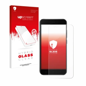 Parte frontal de un envase de producto con el logotipo de la marca upscreen. Al lado se muestra el dispositivo Xiaomi Mi A1 co