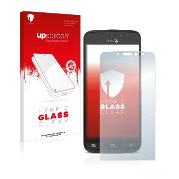 Parte frontal de un envase de producto con el logotipo de la marca upscreen. Al lado se muestra el dispositivo Doro 8040 con s