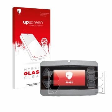 Parte frontal de un envase de producto con el logotipo de la marca upscreen. Al lado se muestra el dispositivo Airbus P8GR con