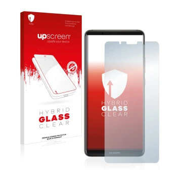 Parte frontal de un envase de producto con el logotipo de la marca upscreen. Al lado se muestra el dispositivo Huawei Mate 10 
