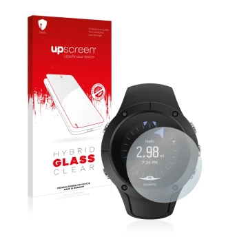 Parte frontal de un envase de producto con el logotipo de la marca upscreen. Al lado se muestra el dispositivo Suunto Spartan 