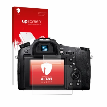 Parte frontal de un envase de producto con el logotipo de la marca upscreen. Al lado se muestra el dispositivo Sony Cyber-Shot