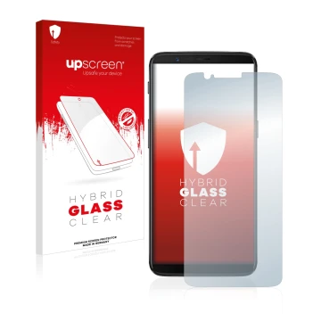 Parte frontal de un envase de producto con el logotipo de la marca upscreen. Al lado se muestra el dispositivo OnePlus 5T con 