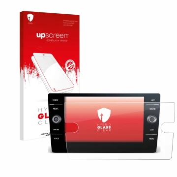 Parte frontal de un envase de producto con el logotipo de la marca upscreen. Al lado se muestra el dispositivo Volkswagen T-Ro