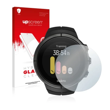 Parte frontal de un envase de producto con el logotipo de la marca upscreen. Al lado se muestra el dispositivo Suunto Spartan 