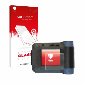 Parte frontal de un envase de producto con el logotipo de la marca upscreen. Al lado se muestra el dispositivo Swissphone s.Qu
