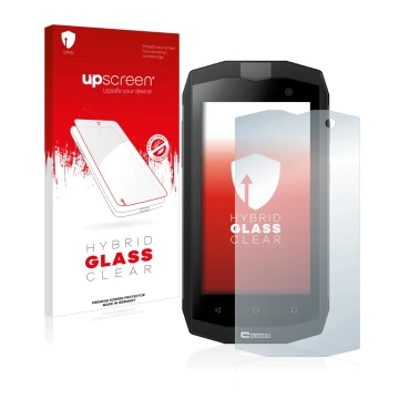 Parte frontal de un envase de producto con el logotipo de la marca upscreen. Al lado se muestra el dispositivo Crosscall Trekk