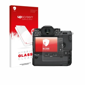 Parte frontal de un envase de producto con el logotipo de la marca upscreen. Al lado se muestra el dispositivo Fujifilm X-H1 c