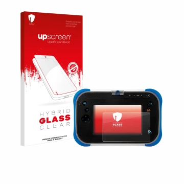 Parte frontal de un envase de producto con el logotipo de la marca upscreen. Al lado se muestra el dispositivo Vtech Storio Ma