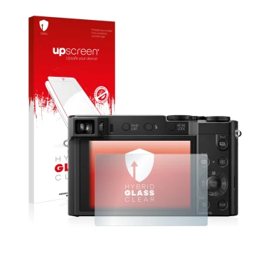 Parte frontal de un envase de producto con el logotipo de la marca upscreen. Al lado se muestra el dispositivo Panasonic Lumix