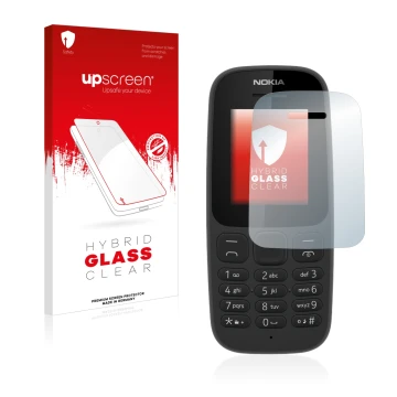 Parte frontal de un envase de producto con el logotipo de la marca upscreen. Al lado se muestra el dispositivo Nokia 105 2017 