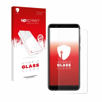 Parte frontal de un envase de producto con el logotipo de la marca upscreen. Al lado se muestra el dispositivo Huawei P smart 