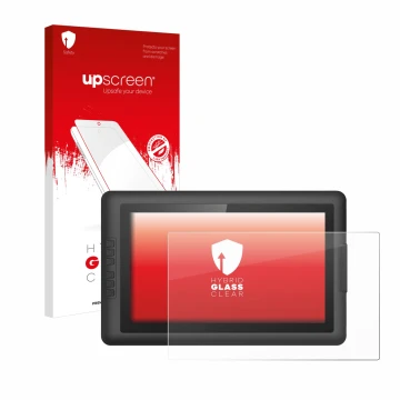 Parte frontal de un envase de producto con el logotipo de la marca upscreen. Al lado se muestra el dispositivo XP-Pen Artist 1