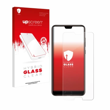 Parte frontal de un envase de producto con el logotipo de la marca upscreen. Al lado se muestra el dispositivo Huawei P20 con 