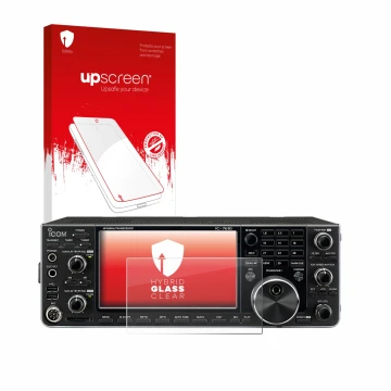 Parte frontal de un envase de producto con el logotipo de la marca upscreen. Al lado se muestra el dispositivo Icom IC-7610 co