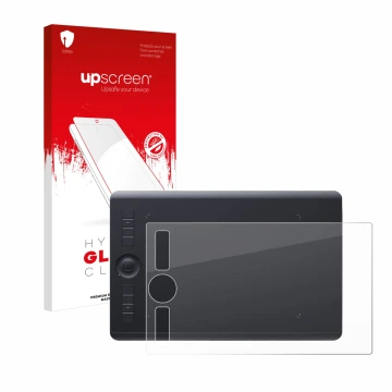 Parte frontal de un envase de producto con el logotipo de la marca upscreen. Al lado se muestra el dispositivo Wacom Intuos Pr