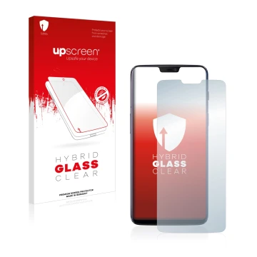 Parte frontal de un envase de producto con el logotipo de la marca upscreen. Al lado se muestra el dispositivo OnePlus 6 con s