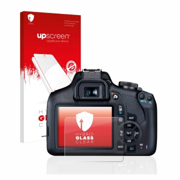 Parte frontal de un envase de producto con el logotipo de la marca upscreen. Al lado se muestra el dispositivo Canon EOS 2000D
