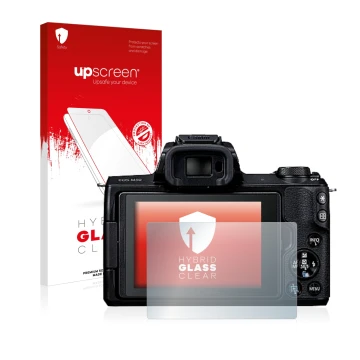 Parte frontal de un envase de producto con el logotipo de la marca upscreen. Al lado se muestra el dispositivo Canon EOS M50 c