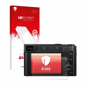 Parte frontal de un envase de producto con el logotipo de la marca upscreen. Al lado se muestra el dispositivo Panasonic Lumix