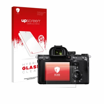 Parte frontal de un envase de producto con el logotipo de la marca upscreen. Al lado se muestra el dispositivo Sony Alpha 7 II