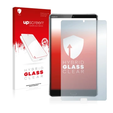 Parte frontal de un envase de producto con el logotipo de la marca upscreen. Al lado se muestra el dispositivo Huawei MediaPad