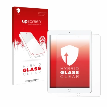 Parte frontal de un envase de producto con el logotipo de la marca upscreen. Al lado se muestra el dispositivo Apple iPad 9.7