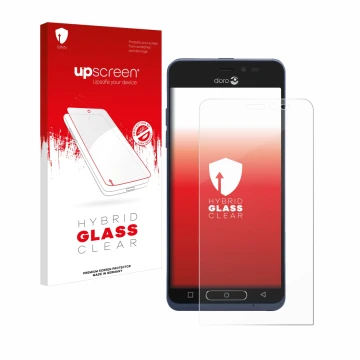 Parte frontal de un envase de producto con el logotipo de la marca upscreen. Al lado se muestra el dispositivo Doro 8035 con s