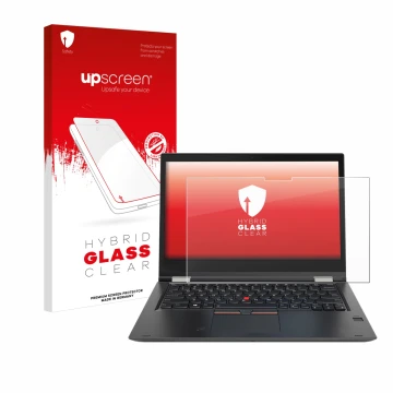 Parte frontal de un envase de producto con el logotipo de la marca upscreen. Al lado se muestra el dispositivo Lenovo ThinkPad
